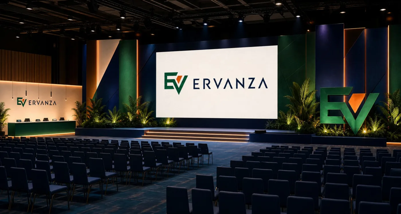 Palco de convenção ERVANZA com painel de LED, plantas e o símbolo EV em volume
